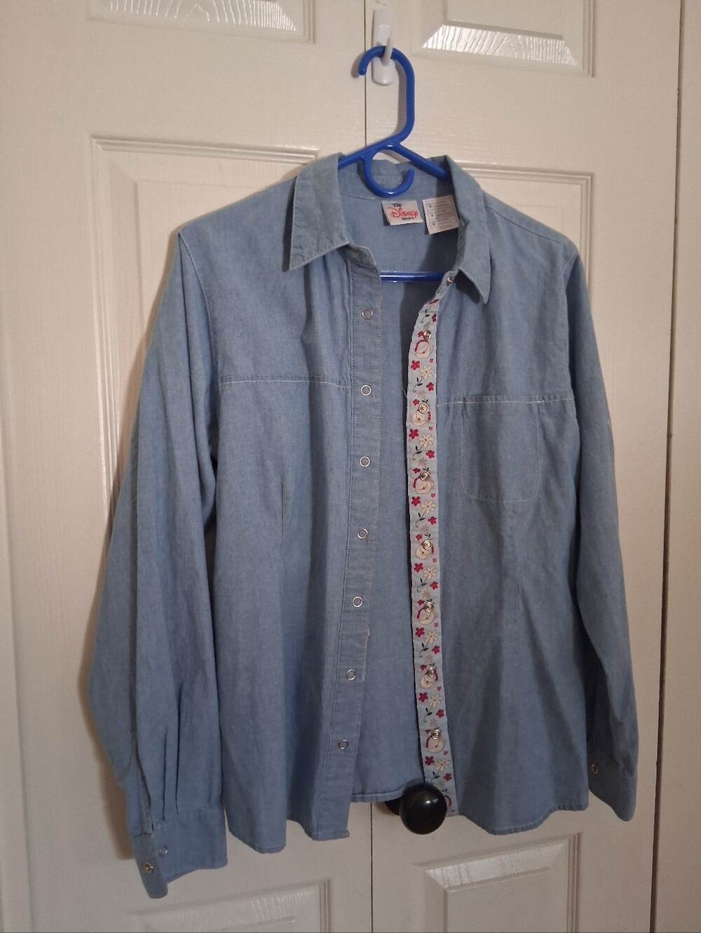 Disney Light Blue Denim Button-Up Shirt with Embroidered Trim